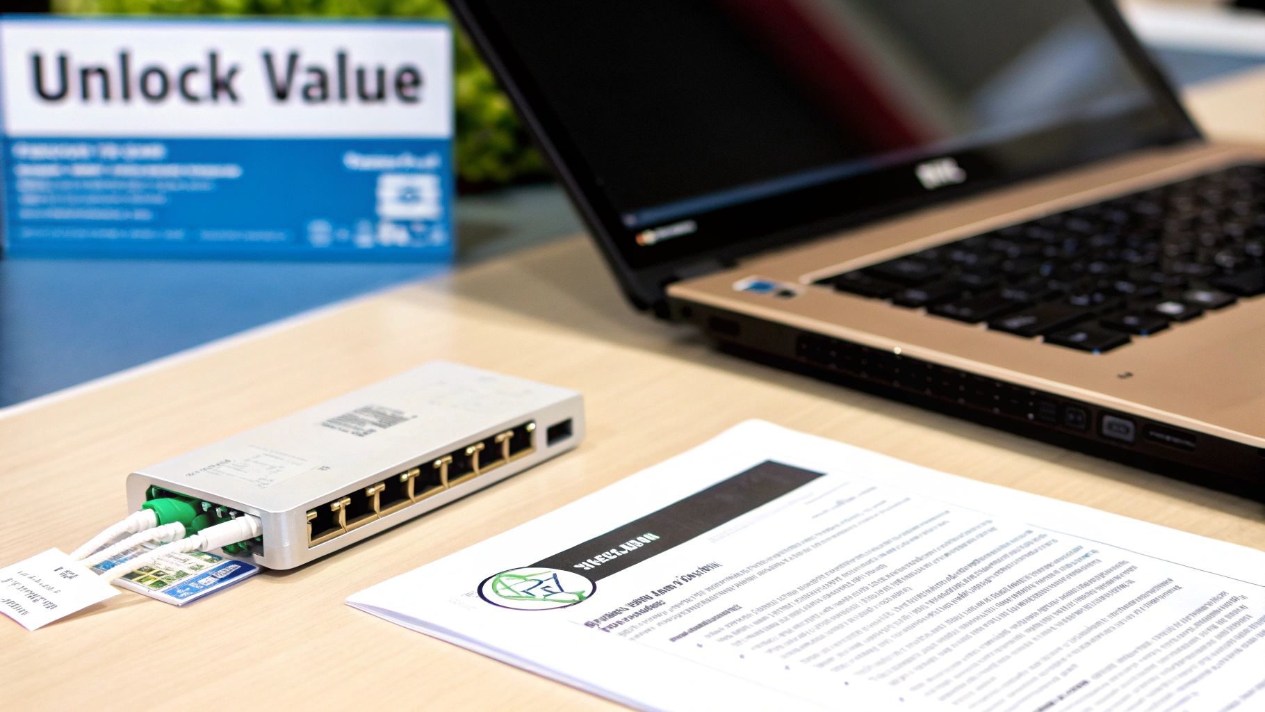 A network switch with cables, a laptop, and documents on a wooden desk, with an 'Unlock Value' sign in the background.